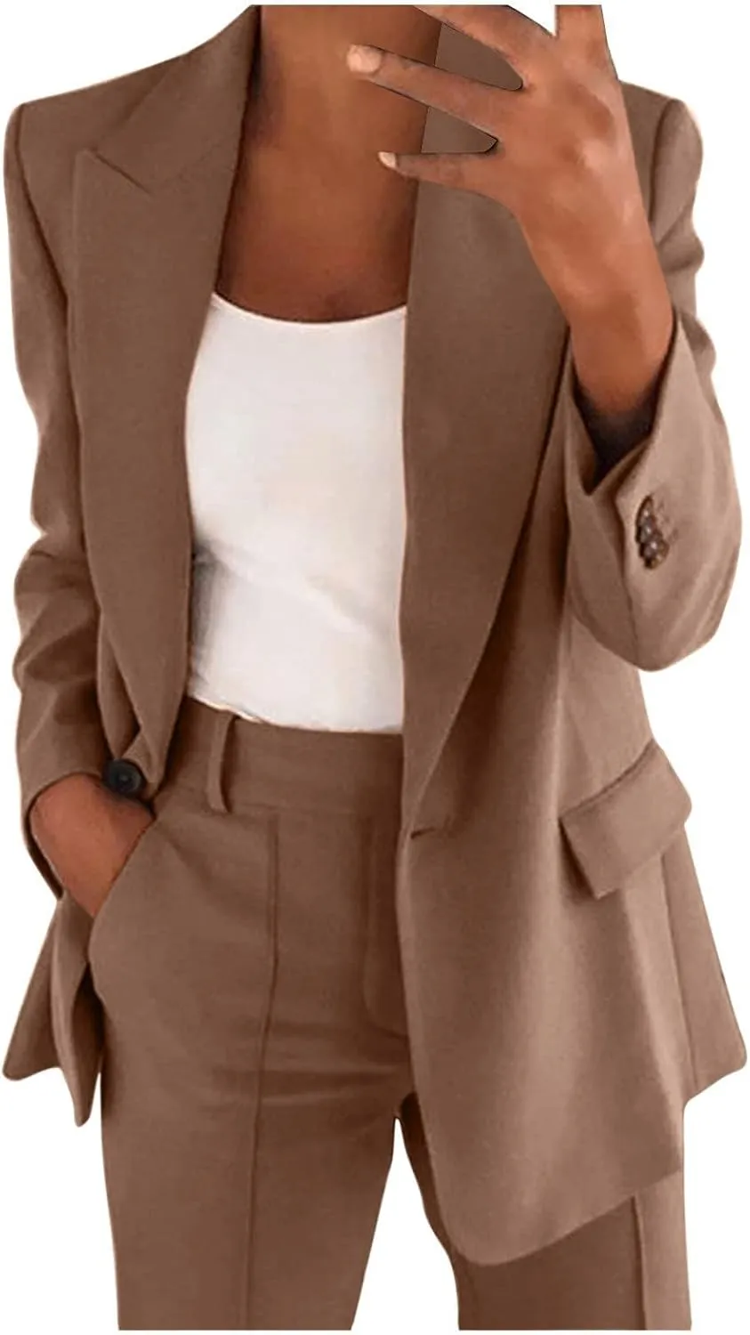 Women 2 Piece Plus Size Casual Blazers Open Front Long Sleeve Button Jackets and Pants Office Business Work Suit Set