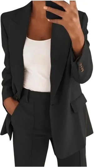 Women 2 Piece Plus Size Casual Blazers Open Front Long Sleeve Button Jackets and Pants Office Business Work Suit Set