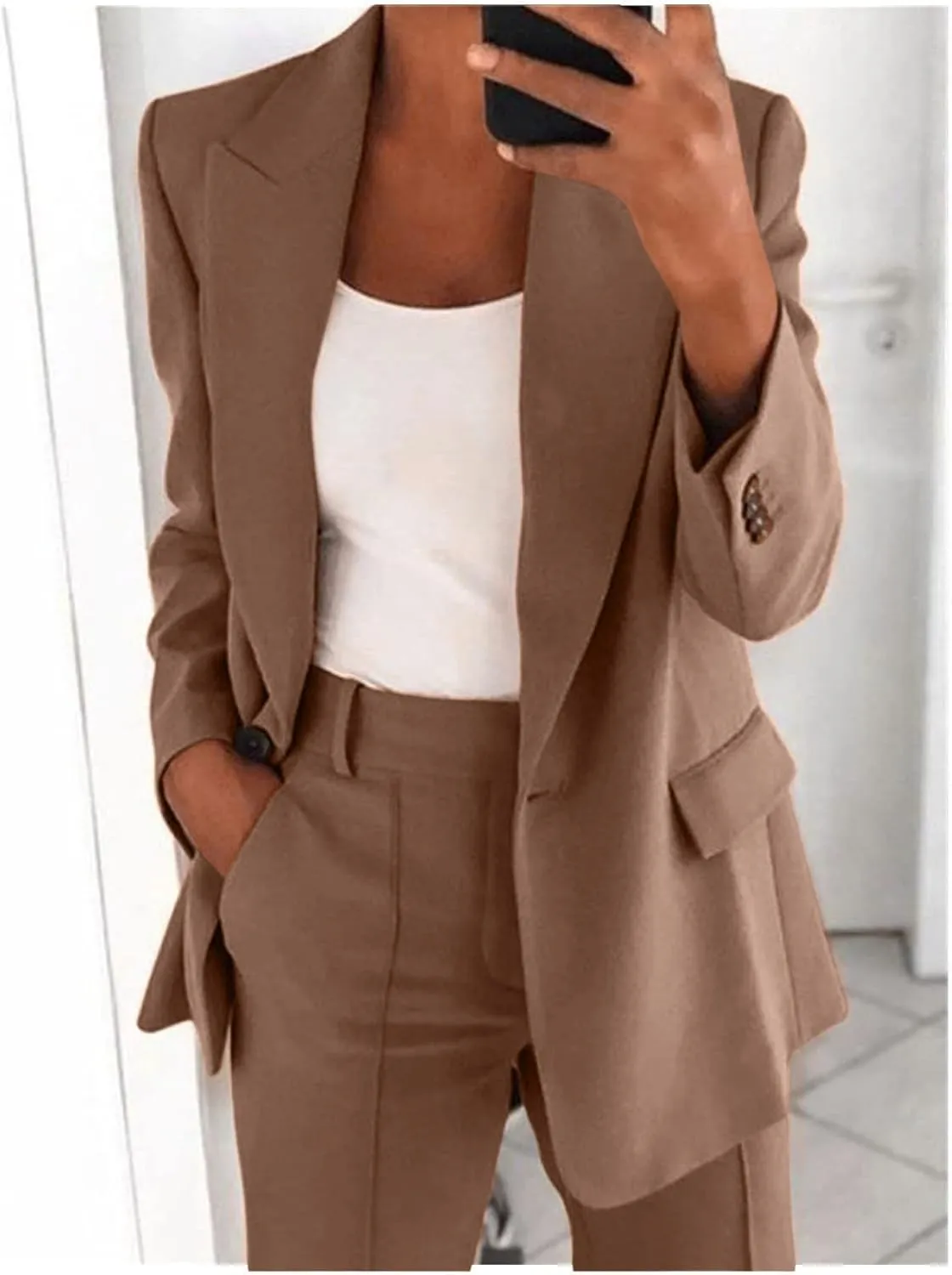 Women 2 Piece Plus Size Casual Blazers Open Front Long Sleeve Button Jackets and Pants Office Business Work Suit Set