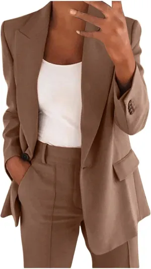 Women 2 Piece Plus Size Casual Blazers Open Front Long Sleeve Button Jackets and Pants Office Business Work Suit Set