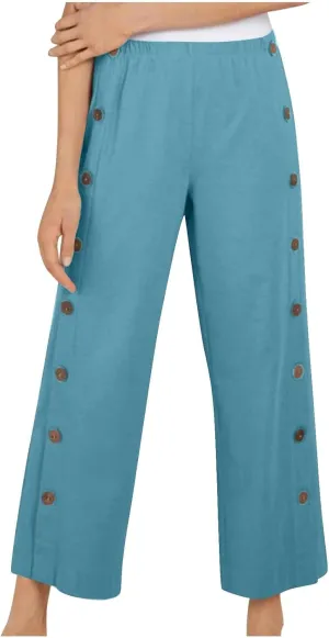 Women 2025 Summer Cotton Linen Pants High Waisted Wide Leg Trousers Trendy Side Button Elastic Waist Pants