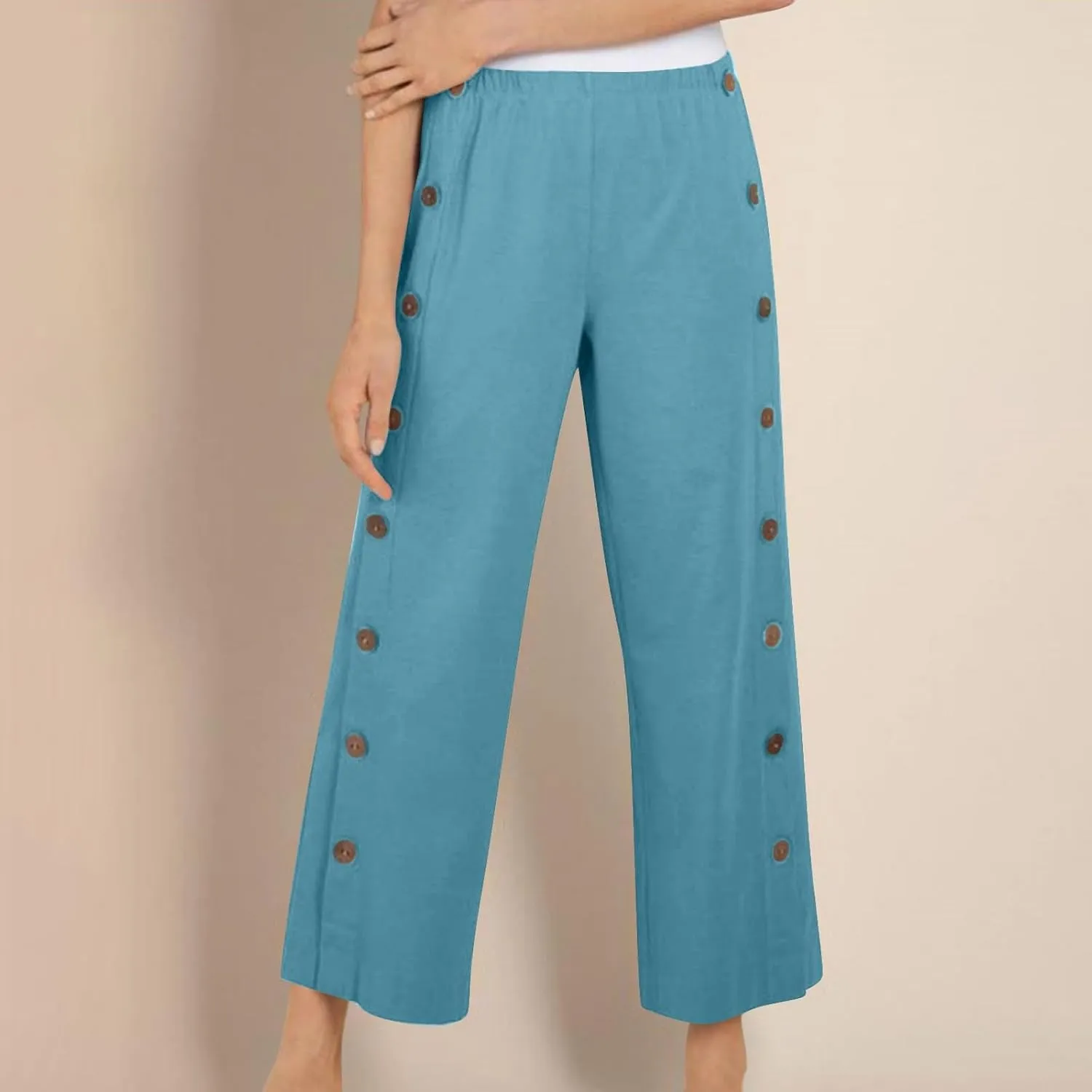 Women 2025 Summer Cotton Linen Pants High Waisted Wide Leg Trousers Trendy Side Button Elastic Waist Pants