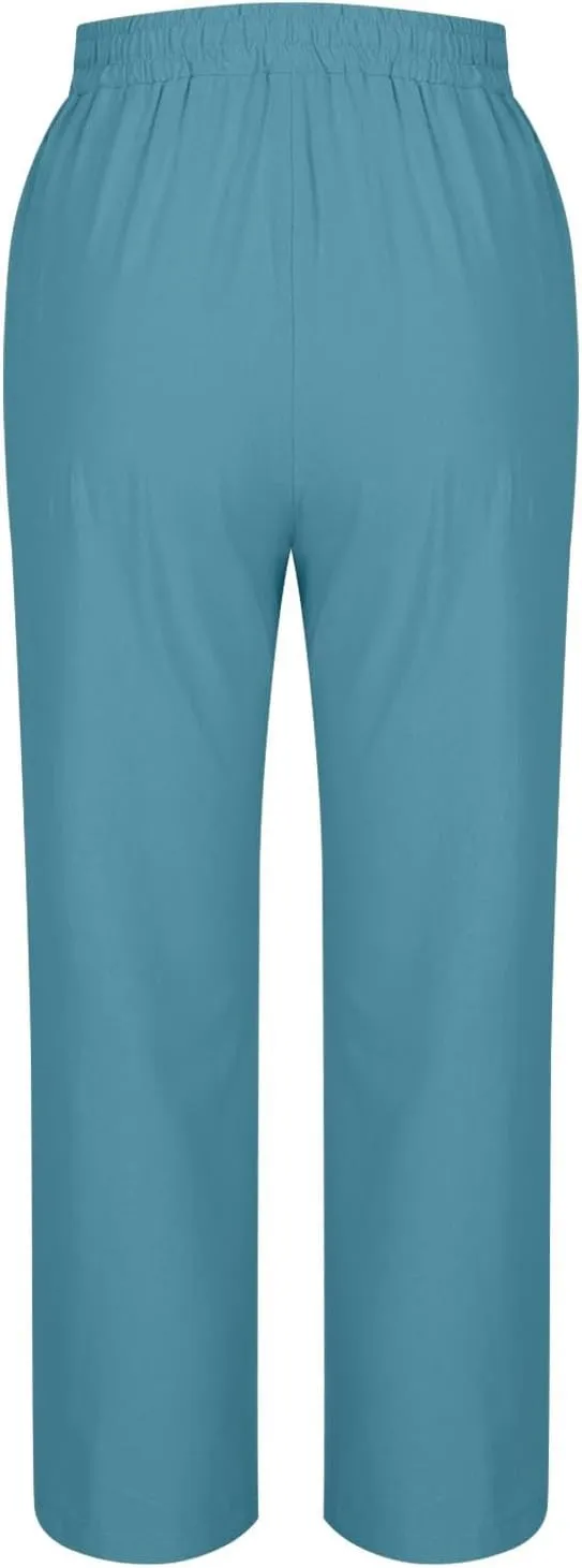 Women 2025 Summer Cotton Linen Pants High Waisted Wide Leg Trousers Trendy Side Button Elastic Waist Pants