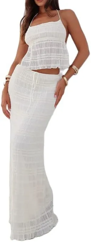 Women 2Pcs Maxi Skirt Set Lace Halter Crop Top and Long Skirt Sets Solid Color Backless Boho Outfits Skirt Suit