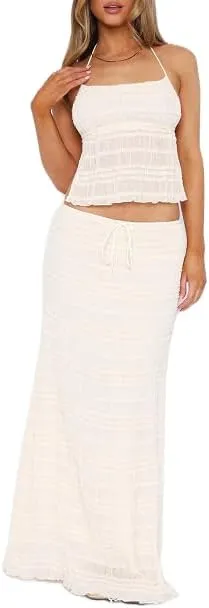 Women 2Pcs Maxi Skirt Set Lace Halter Crop Top and Long Skirt Sets Solid Color Backless Boho Outfits Skirt Suit