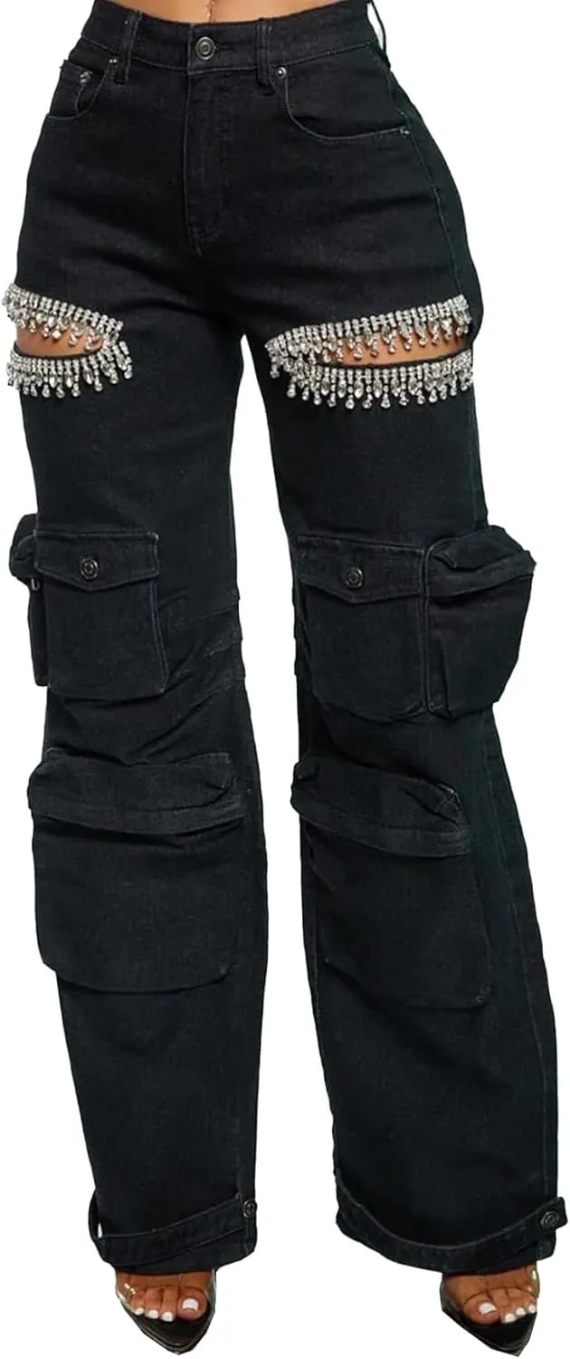 Women Baggy Ripped Jeans Rhinestone High Waisted Cargo Jeans Y2k Wide Leg Pants Streetwear