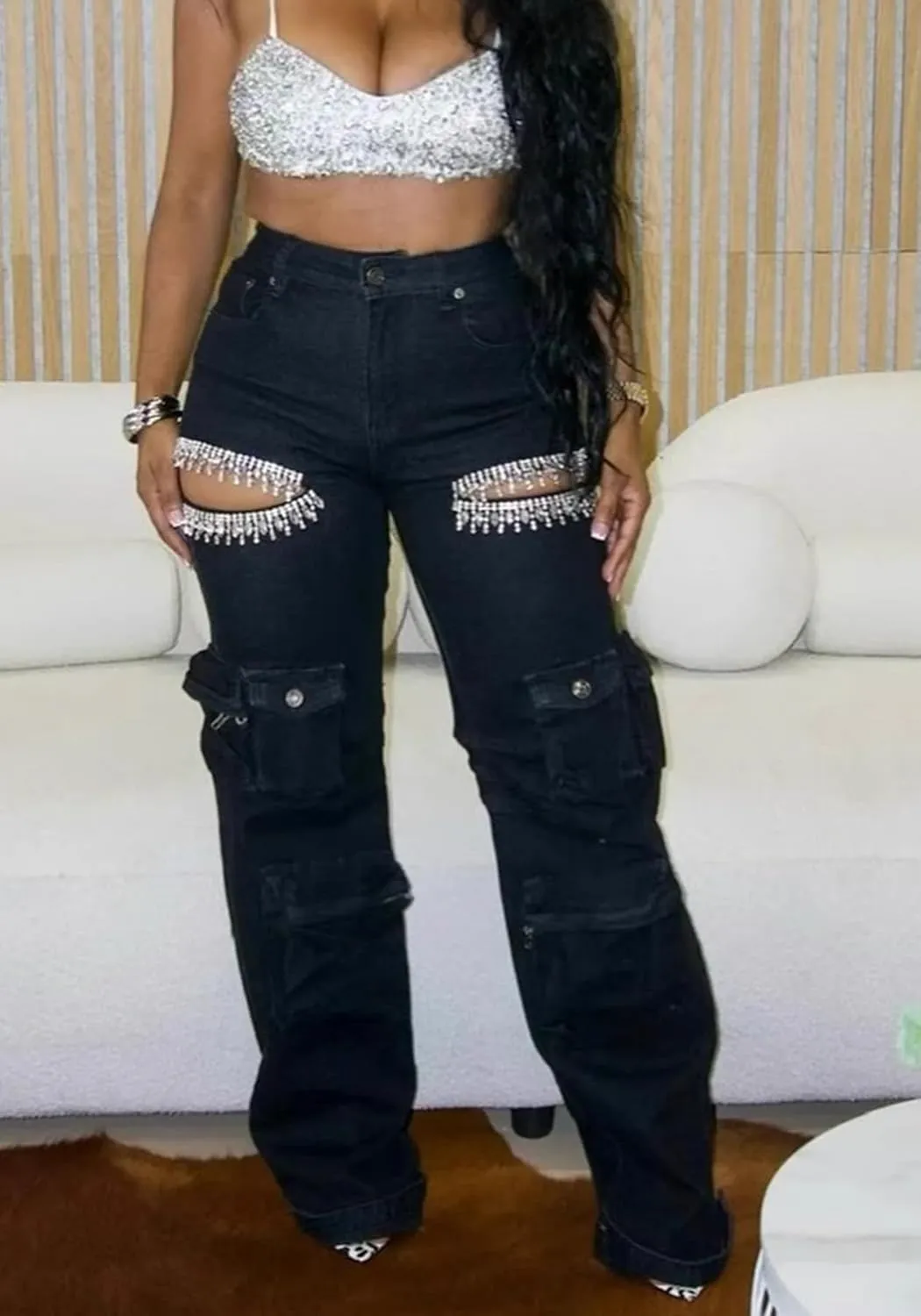 Women Baggy Ripped Jeans Rhinestone High Waisted Cargo Jeans Y2k Wide Leg Pants Streetwear