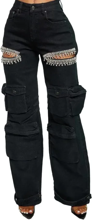 Women Baggy Ripped Jeans Rhinestone High Waisted Cargo Jeans Y2k Wide Leg Pants Streetwear