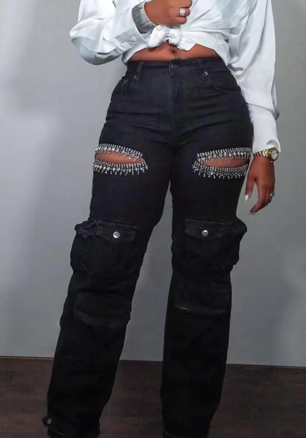 Women Baggy Ripped Jeans Rhinestone High Waisted Cargo Jeans Y2k Wide Leg Pants Streetwear