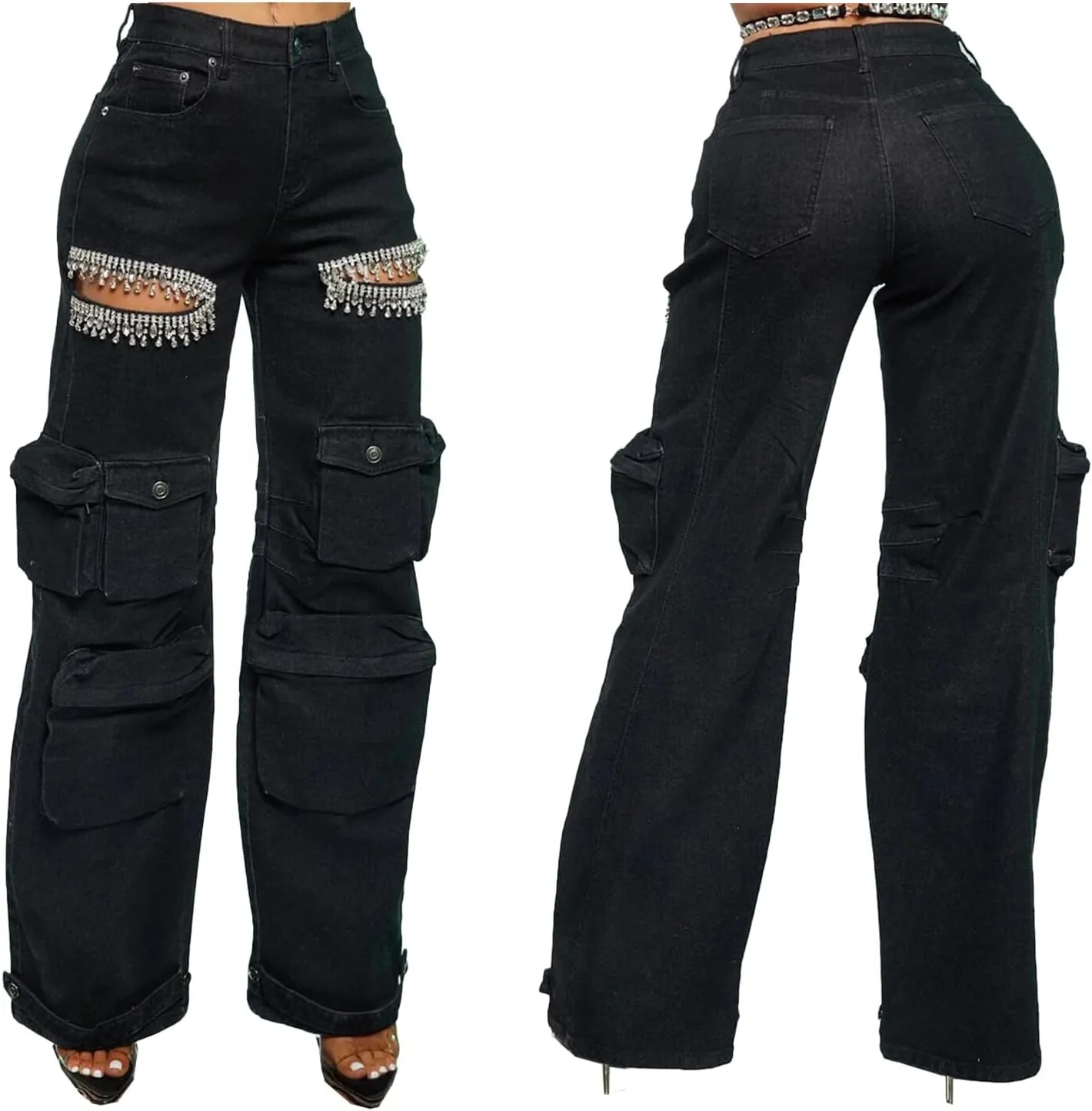 Women Baggy Ripped Jeans Rhinestone High Waisted Cargo Jeans Y2k Wide Leg Pants Streetwear