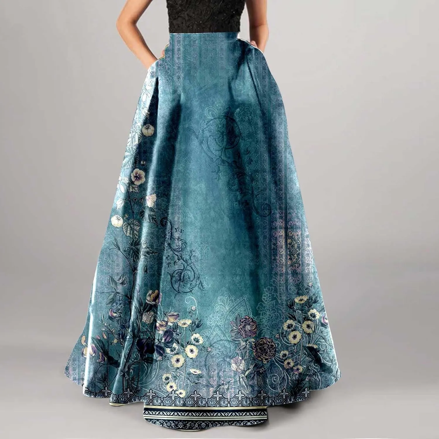 Women Boho Floral Print Maxi Skirt High Waist Vintage Bohemian Long Skirt Loose Fit Evening Party Skirt with Pockets