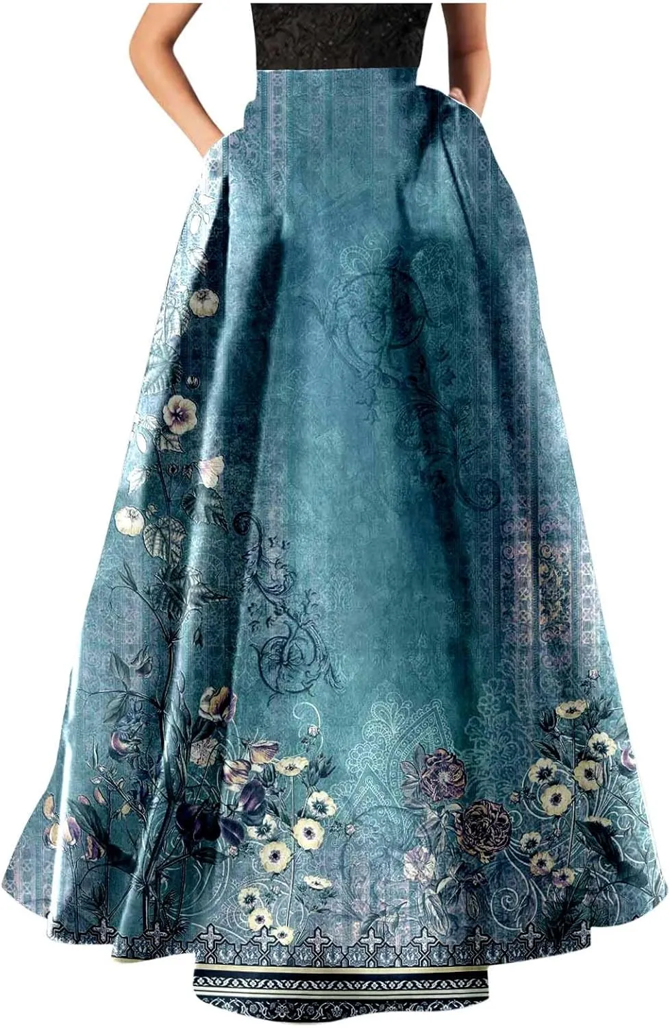 Women Boho Floral Print Maxi Skirt High Waist Vintage Bohemian Long Skirt Loose Fit Evening Party Skirt with Pockets