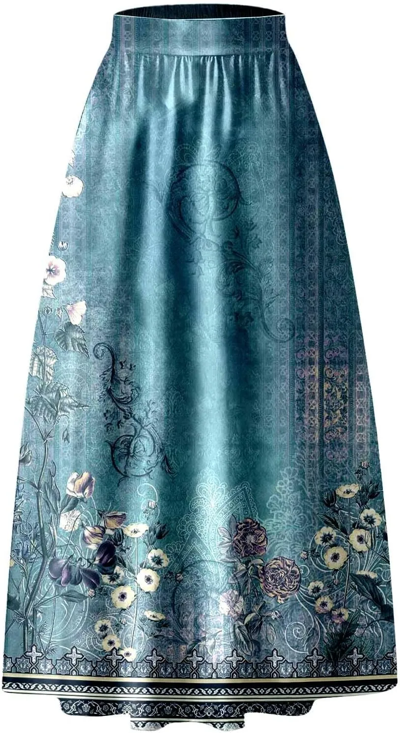 Women Boho Floral Print Maxi Skirt High Waist Vintage Bohemian Long Skirt Loose Fit Evening Party Skirt with Pockets