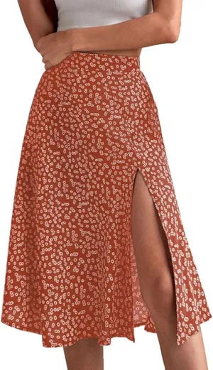 Women Boho Floral Skirts Slit Summer Flowy Split Maxi Skirt Lightweight High Waist A Line Skirts Beach Clothes