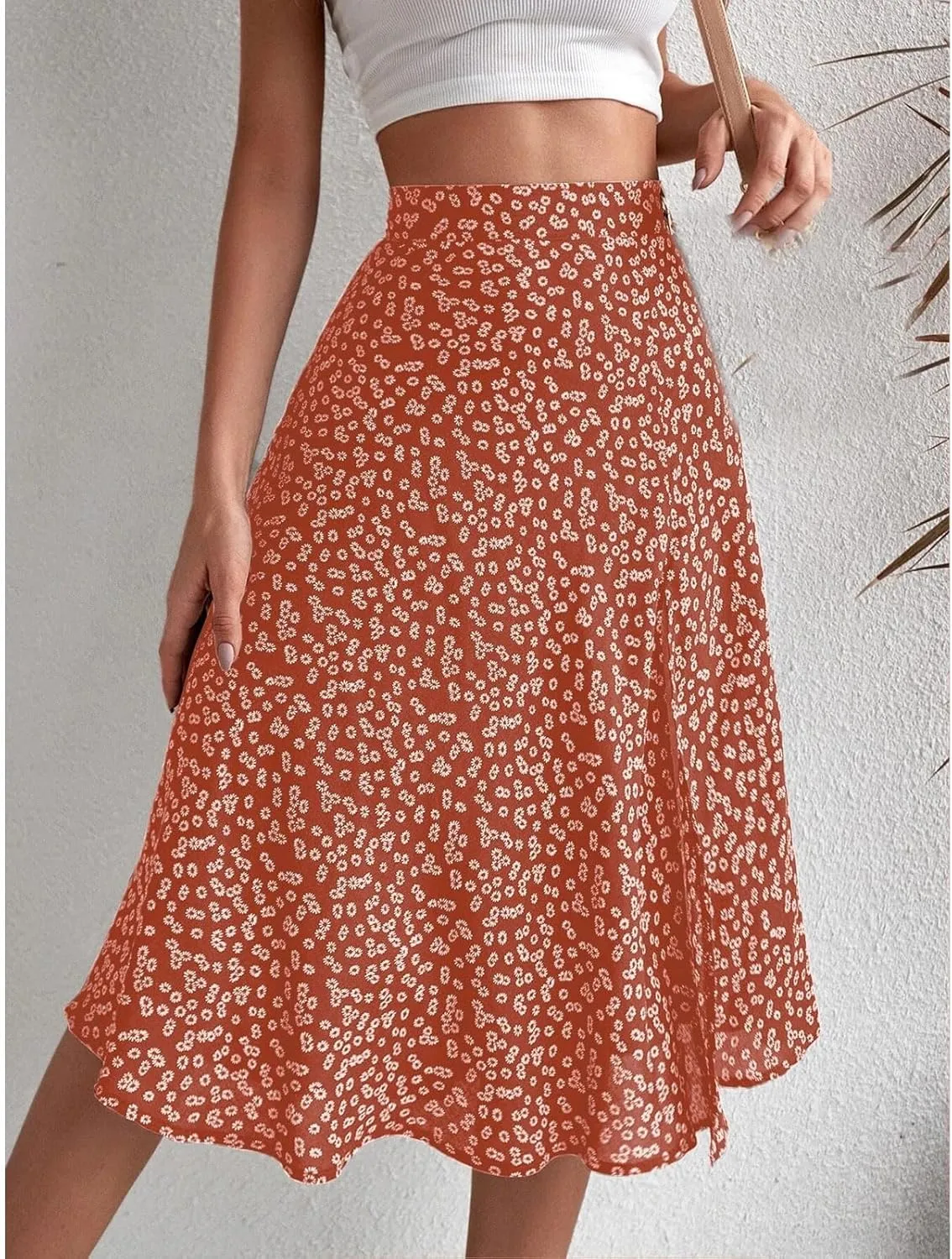 Women Boho Floral Skirts Slit Summer Flowy Split Maxi Skirt Lightweight High Waist A Line Skirts Beach Clothes