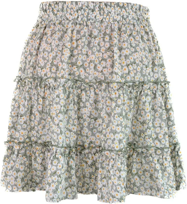 Women Boho Print Mini Skirt Summer Layered Frill Flowy A-Line Skirts Drawstring High Waisted Casual Cute Beach Skirt