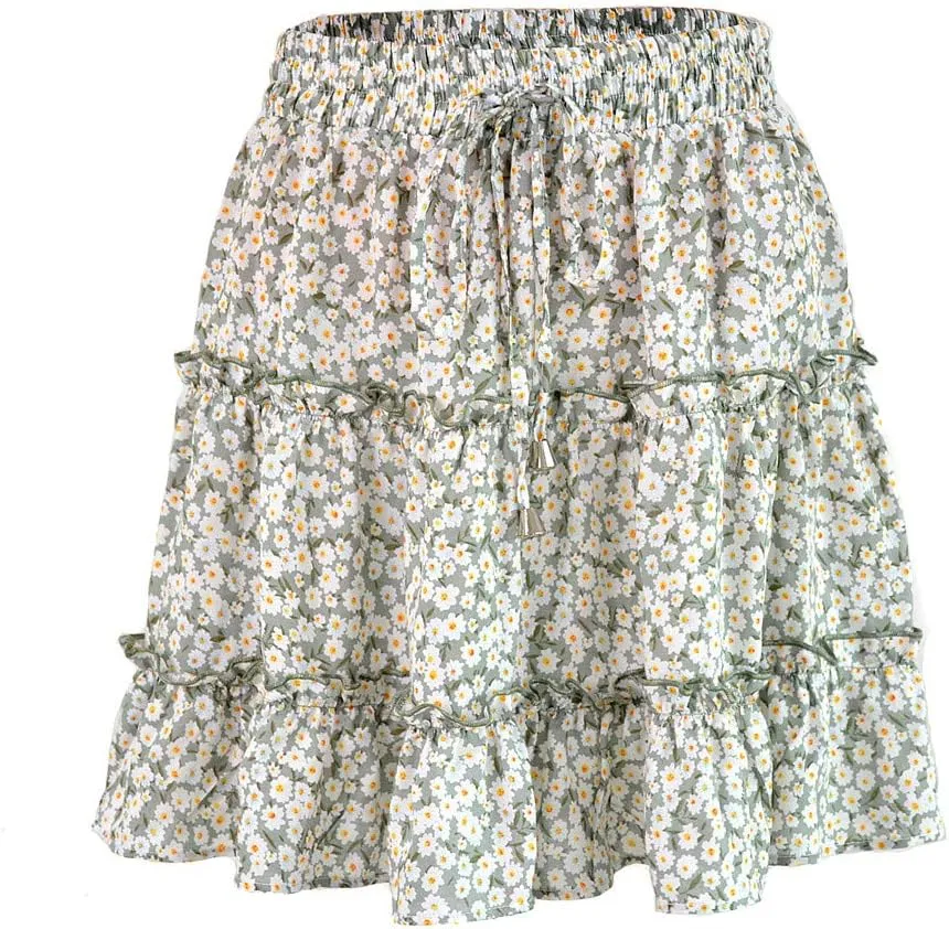 Women Boho Print Mini Skirt Summer Layered Frill Flowy A-Line Skirts Drawstring High Waisted Casual Cute Beach Skirt