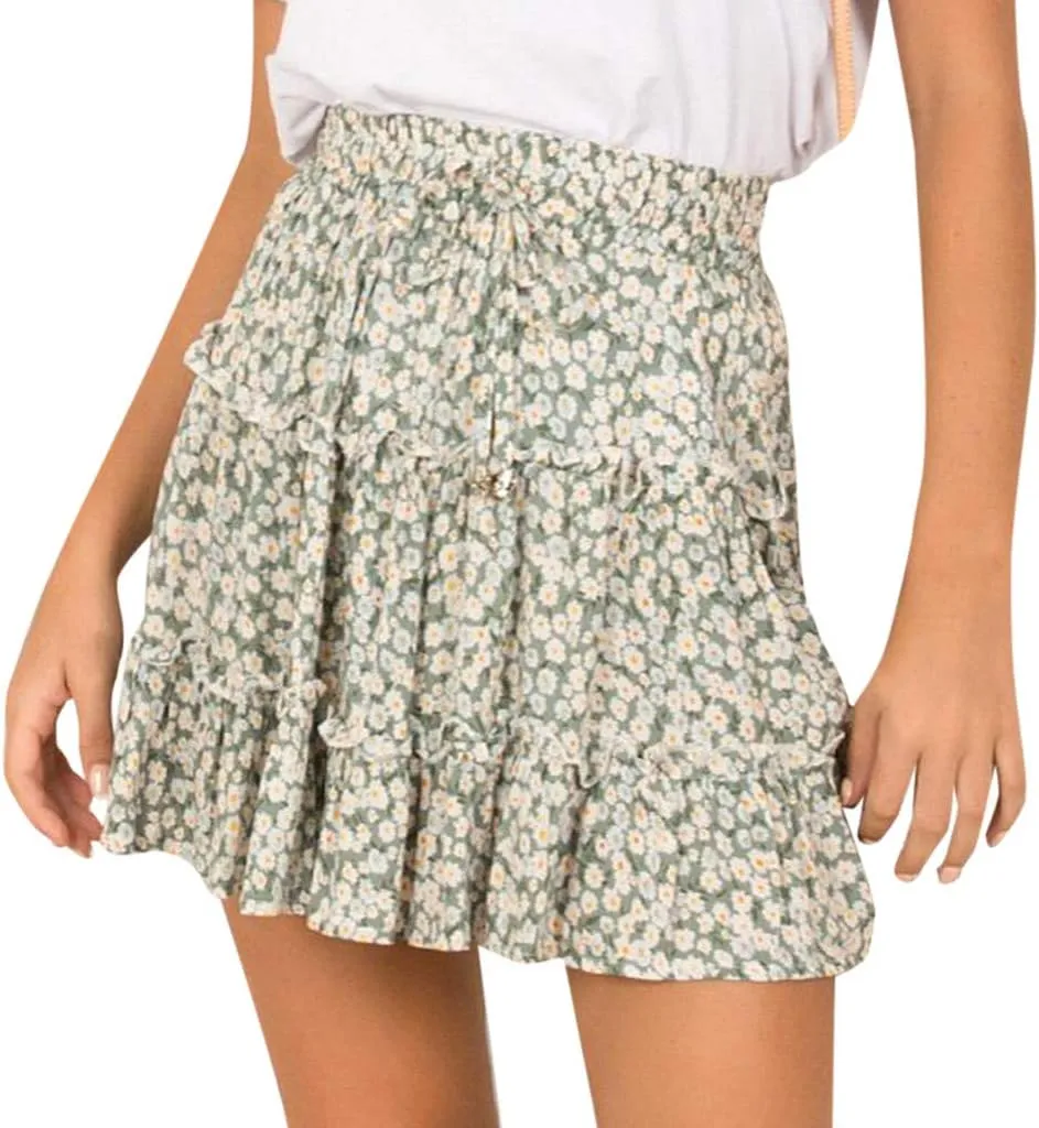 Women Boho Print Mini Skirt Summer Layered Frill Flowy A-Line Skirts Drawstring High Waisted Casual Cute Beach Skirt