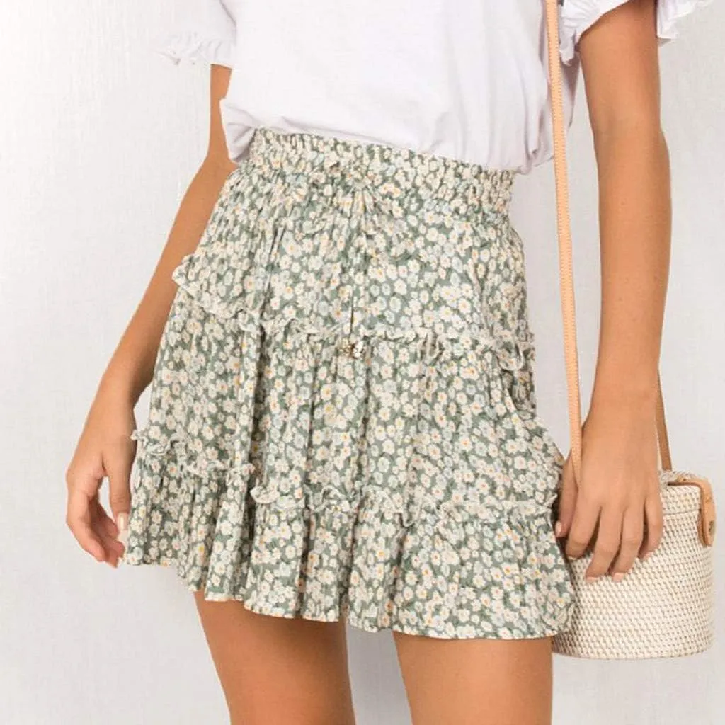 Women Boho Print Mini Skirt Summer Layered Frill Flowy A-Line Skirts Drawstring High Waisted Casual Cute Beach Skirt