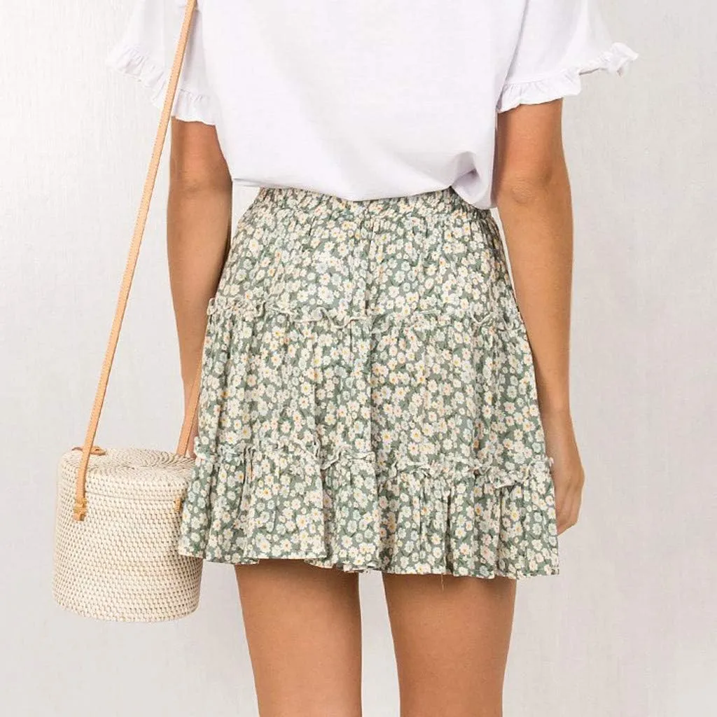 Women Boho Print Mini Skirt Summer Layered Frill Flowy A-Line Skirts Drawstring High Waisted Casual Cute Beach Skirt