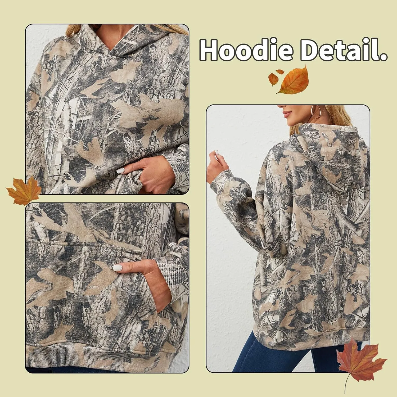 Women Camo Hoodies Oversized Maple Leaf Fleece Hooded Sweatshirt Long Sleeve Fall Trendy Pullover Hoodie with Pocket