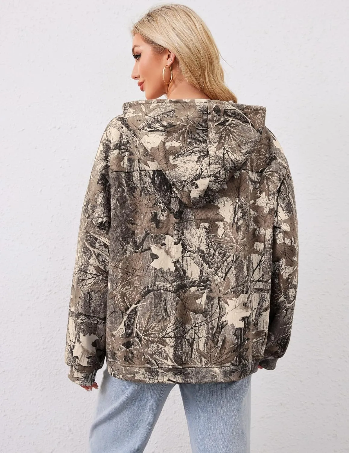 Women Camo Hoodies Oversized Maple Leaf Fleece Hooded Sweatshirt Long Sleeve Fall Trendy Pullover Hoodie with Pocket