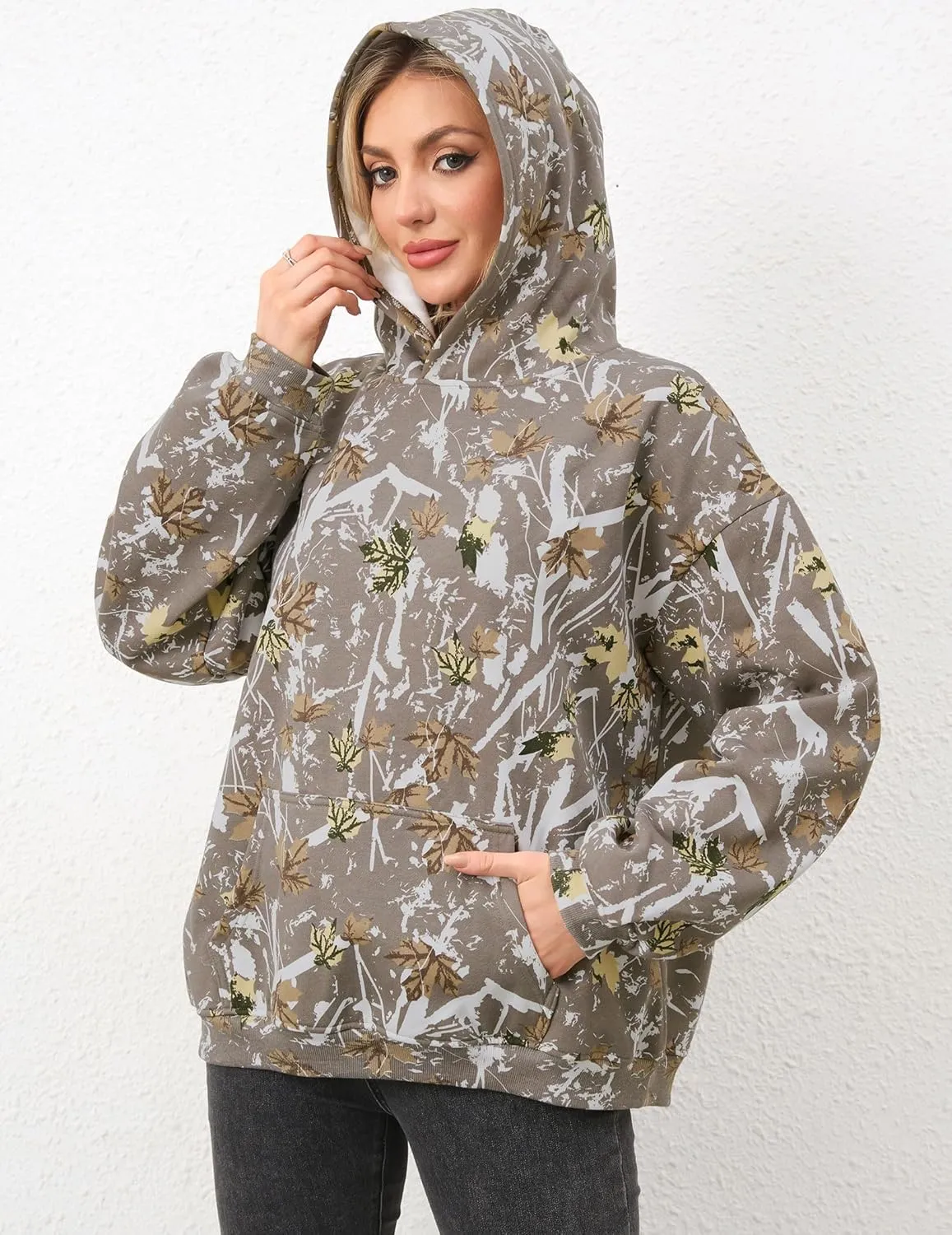 Women Camo Hoodies Oversized Maple Leaf Fleece Hooded Sweatshirt Long Sleeve Fall Trendy Pullover Hoodie with Pocket