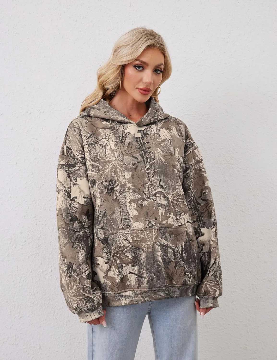 Women Camo Hoodies Oversized Maple Leaf Fleece Hooded Sweatshirt Long Sleeve Fall Trendy Pullover Hoodie with Pocket