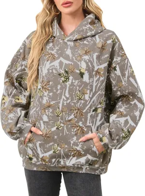 Women Camo Hoodies Oversized Maple Leaf Fleece Hooded Sweatshirt Long Sleeve Fall Trendy Pullover Hoodie with Pocket