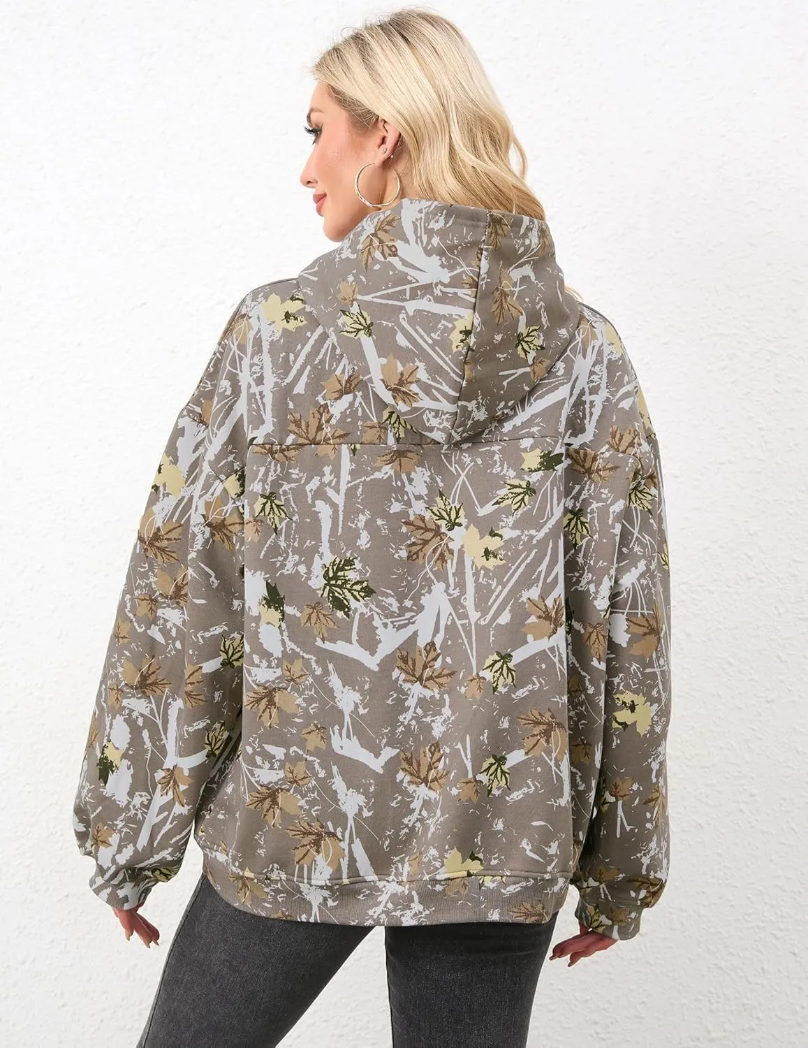 Women Camo Hoodies Oversized Maple Leaf Fleece Hooded Sweatshirt Long Sleeve Fall Trendy Pullover Hoodie with Pocket