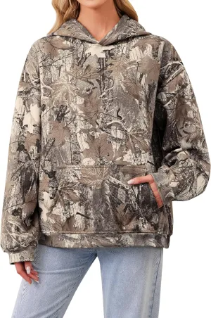 Women Camo Hoodies Oversized Maple Leaf Fleece Hooded Sweatshirt Long Sleeve Fall Trendy Pullover Hoodie with Pocket