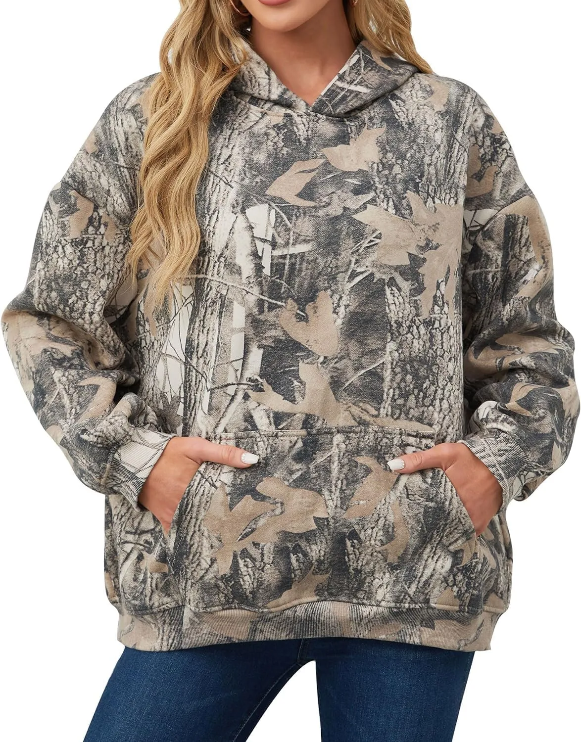 Women Camo Hoodies Oversized Maple Leaf Fleece Hooded Sweatshirt Long Sleeve Fall Trendy Pullover Hoodie with Pocket