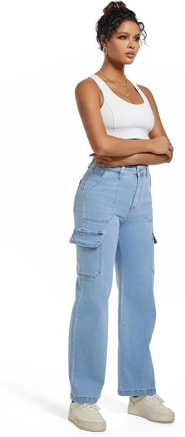 Women Cargo Jeans High Waist Y2K Straight Leg Trendy Stretchy Lightweight Jeans for Women