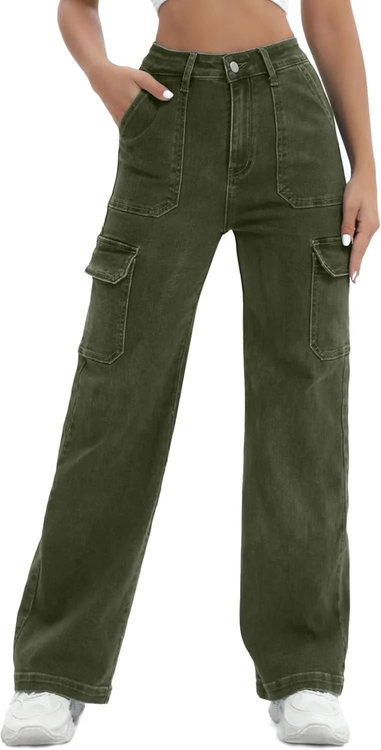 Women Cargo Jeans High Waist Y2K Straight Leg Trendy Stretchy Lightweight Jeans for Women