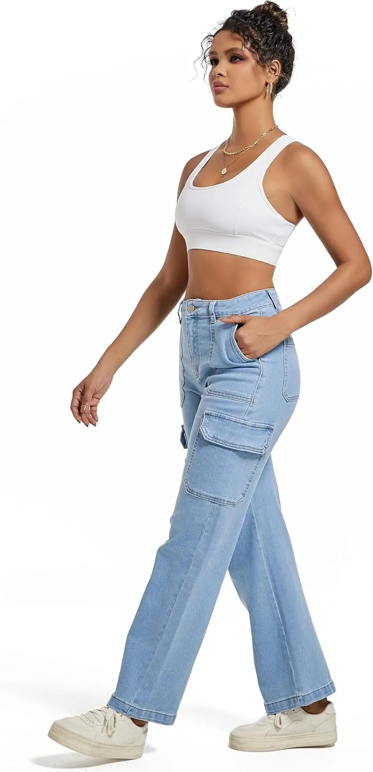 Women Cargo Jeans High Waist Y2K Straight Leg Trendy Stretchy Lightweight Jeans for Women