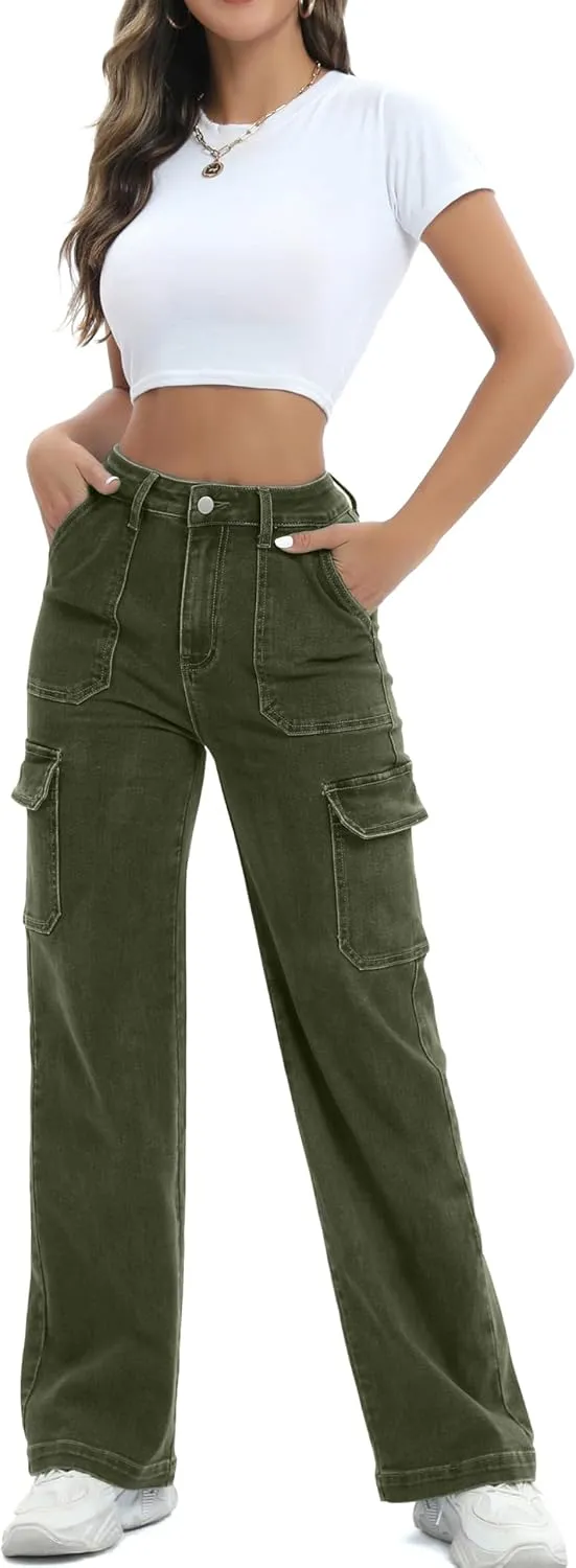 Women Cargo Jeans High Waist Y2K Straight Leg Trendy Stretchy Lightweight Jeans for Women