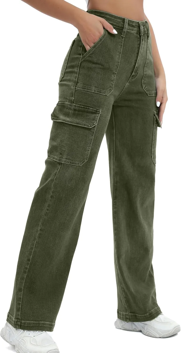 Women Cargo Jeans High Waist Y2K Straight Leg Trendy Stretchy Lightweight Jeans for Women