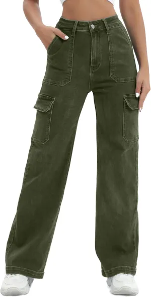 Women Cargo Jeans High Waist Y2K Straight Leg Trendy Stretchy Lightweight Jeans for Women