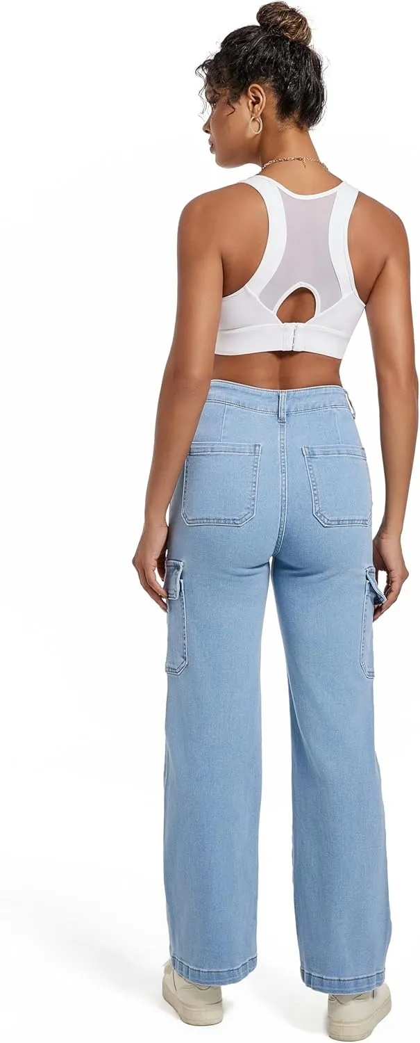 Women Cargo Jeans High Waist Y2K Straight Leg Trendy Stretchy Lightweight Jeans for Women