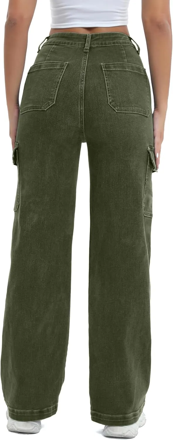 Women Cargo Jeans High Waist Y2K Straight Leg Trendy Stretchy Lightweight Jeans for Women