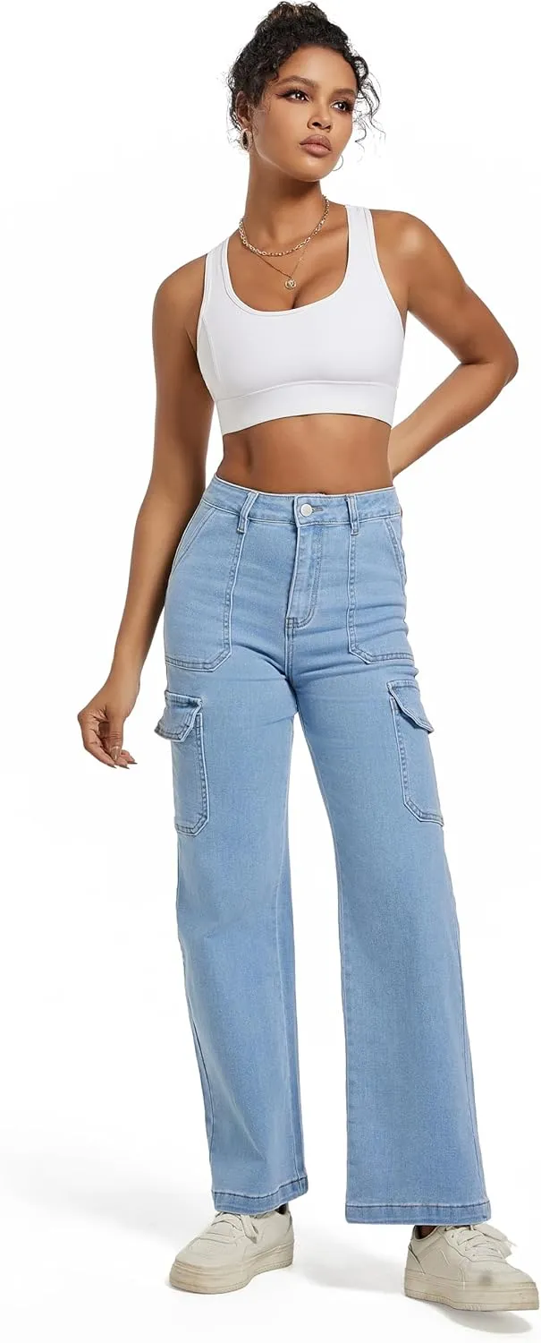 Women Cargo Jeans High Waist Y2K Straight Leg Trendy Stretchy Lightweight Jeans for Women