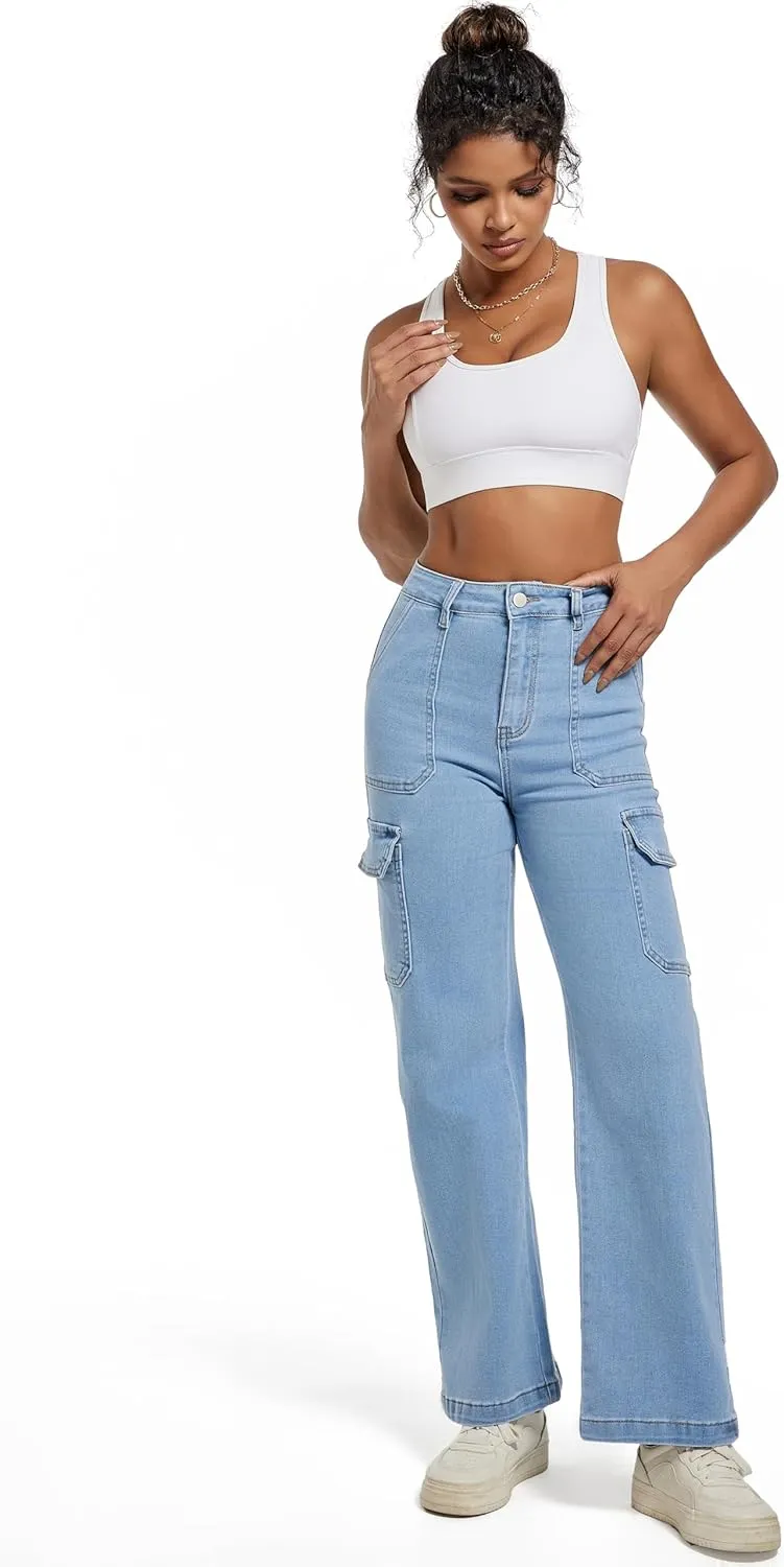 Women Cargo Jeans High Waist Y2K Straight Leg Trendy Stretchy Lightweight Jeans for Women