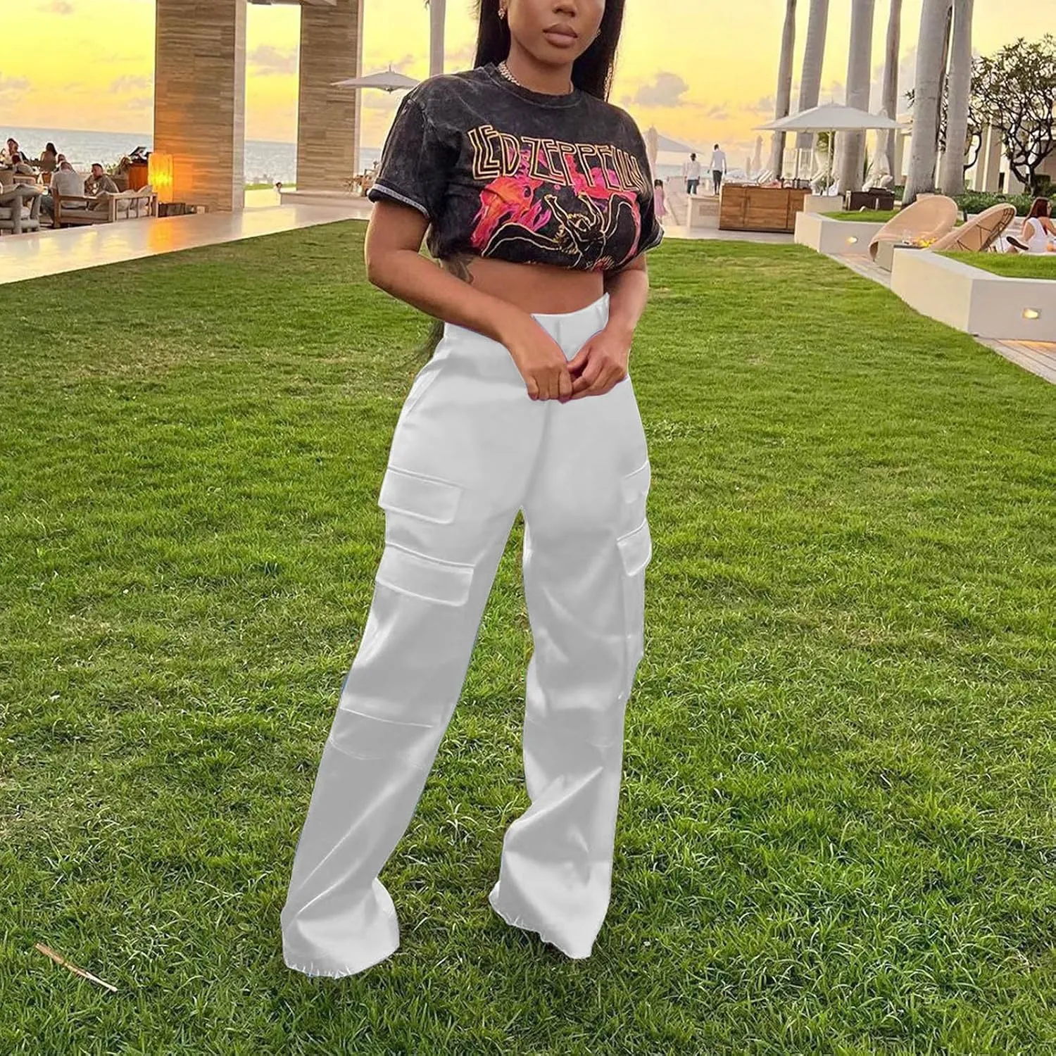 Women Cargo Pants High Waisted Joggers Soft Casual Baggy Sweatpants Wide Leg Straight Slacks Solid Trendy Trousers
