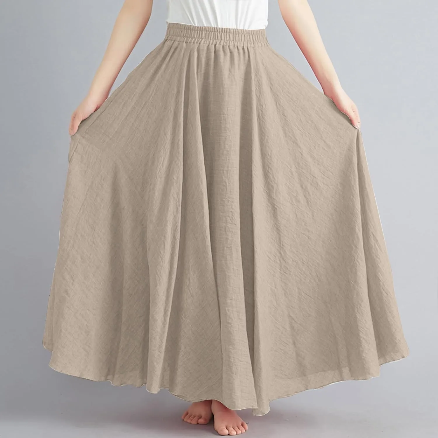 Women Casual Maxi Skirt Flowy Plus Size Elastic Waist High Waisted Swing Hem Swing Solid Color A Line Skirts