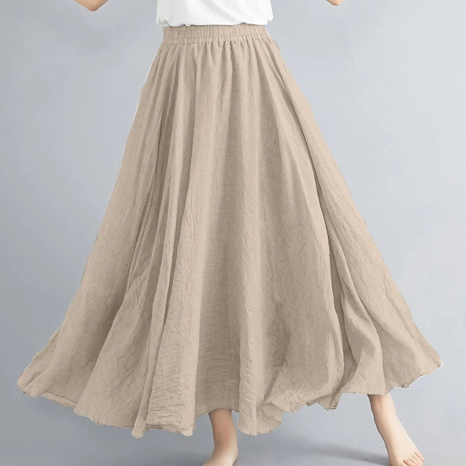 Women Casual Maxi Skirt Flowy Plus Size Elastic Waist High Waisted Swing Hem Swing Solid Color A Line Skirts