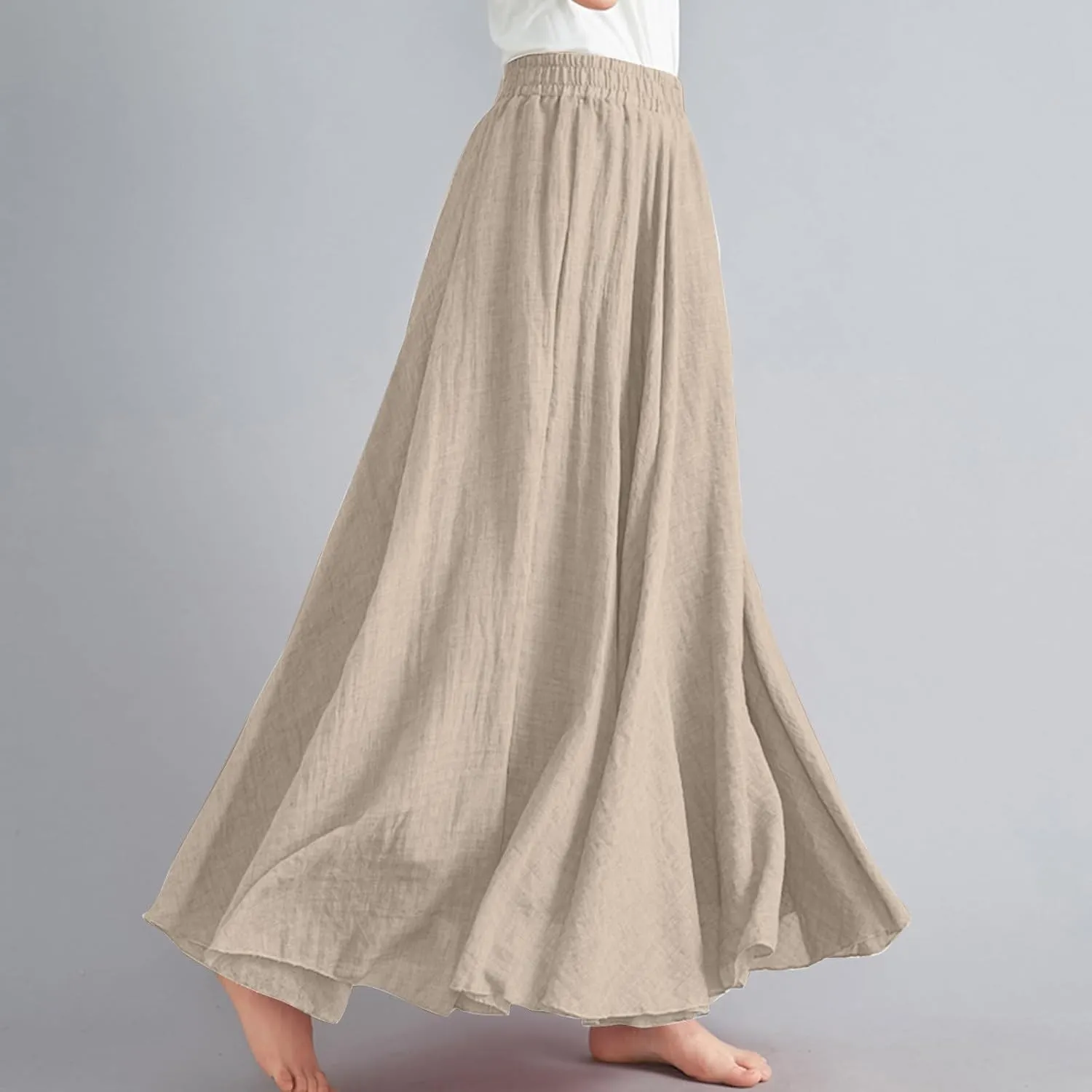 Women Casual Maxi Skirt Flowy Plus Size Elastic Waist High Waisted Swing Hem Swing Solid Color A Line Skirts