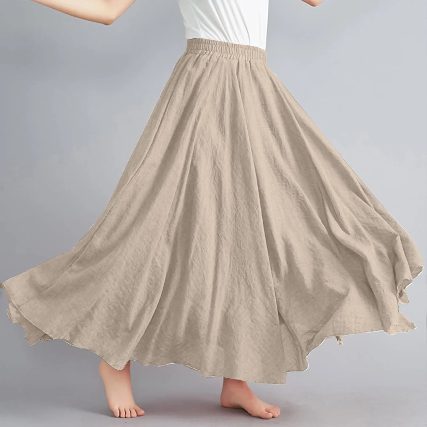 Women Casual Maxi Skirt Flowy Plus Size Elastic Waist High Waisted Swing Hem Swing Solid Color A Line Skirts