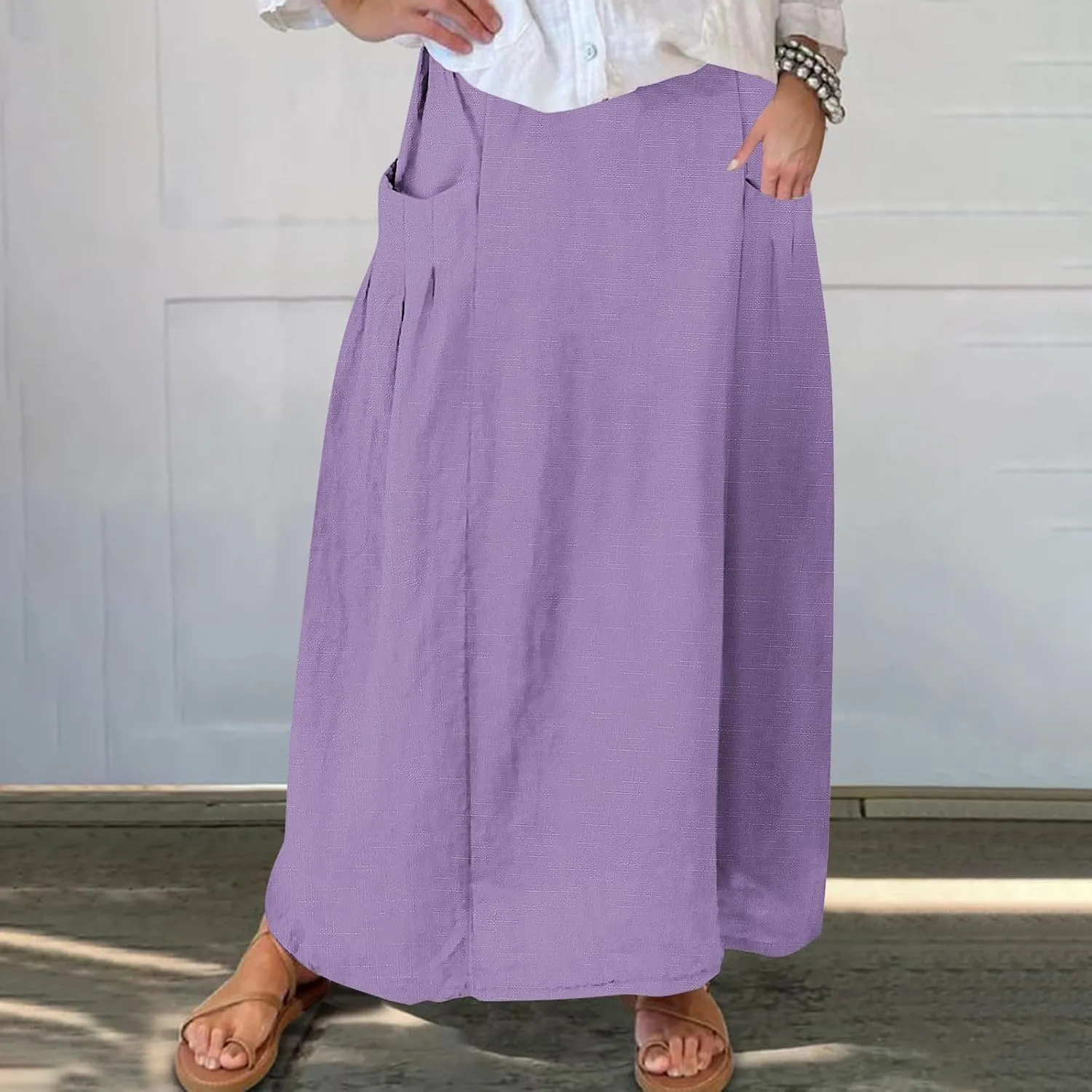 Women Casual Skirts with Pockets Plus Size Maxi Skirts High Waist Pleated Skirt Long A-Line Skirts Flowy Travel Skirt