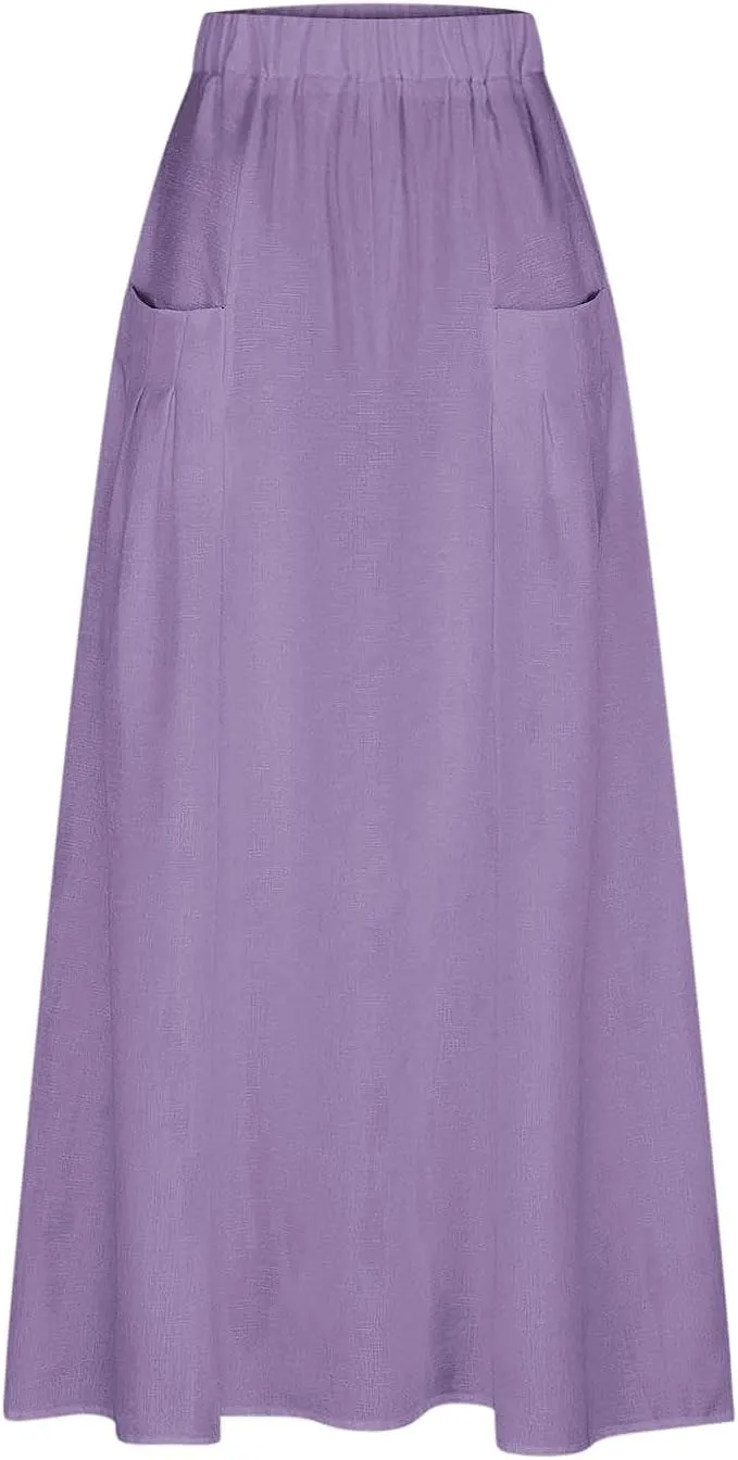 Women Casual Skirts with Pockets Plus Size Maxi Skirts High Waist Pleated Skirt Long A-Line Skirts Flowy Travel Skirt