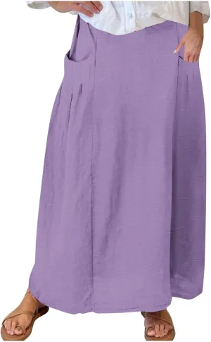 Women Casual Skirts with Pockets Plus Size Maxi Skirts High Waist Pleated Skirt Long A-Line Skirts Flowy Travel Skirt